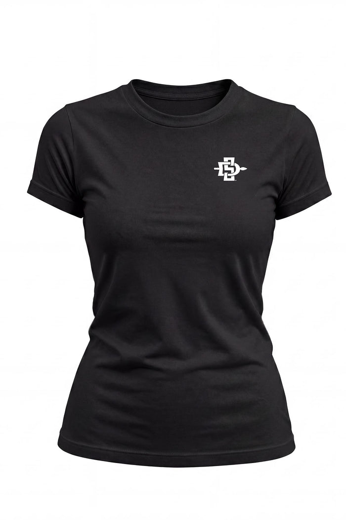 A black short-sleeve crewneck t-shirt with a small white logo on the left chest, displayed on a clean white background.