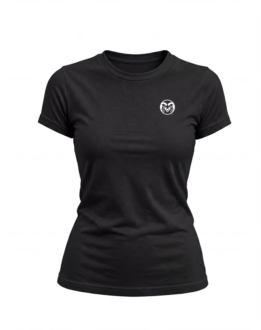 A black short-sleeve crewneck t-shirt with a small white circular logo on the left chest, displayed on a clean white background.