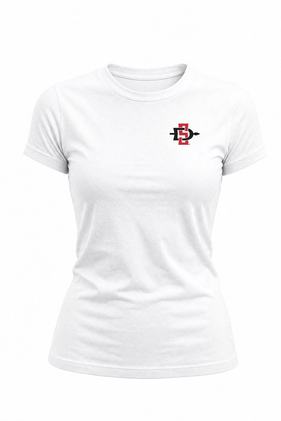 A white short-sleeve crewneck t-shirt with a small red and black 'SDSU' logo on the left chest, displayed on a clean white background.