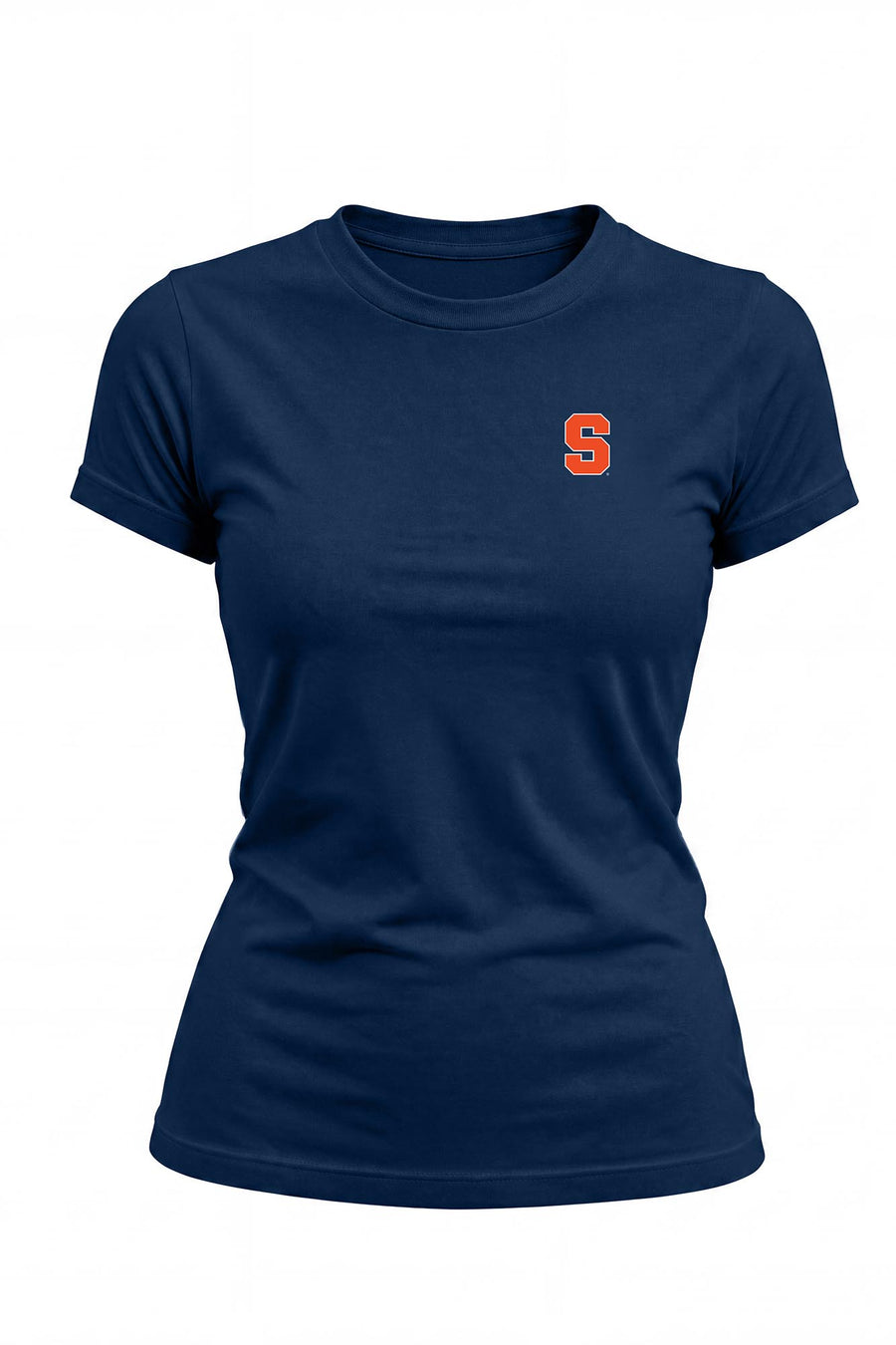 A navy blue short-sleeve crewneck t-shirt with a small orange block letter 'S' printed on the left chest, displayed on a clean white background.