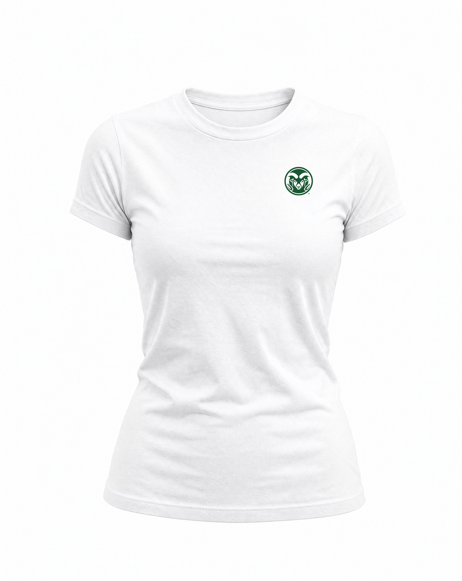 A white short-sleeve crewneck t-shirt with a small green circular logo on the left chest, displayed on a clean white background.