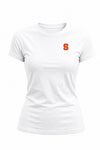 A white short-sleeve crewneck t-shirt with a small orange block letter 'S' logo on the left chest, displayed on a clean white background.