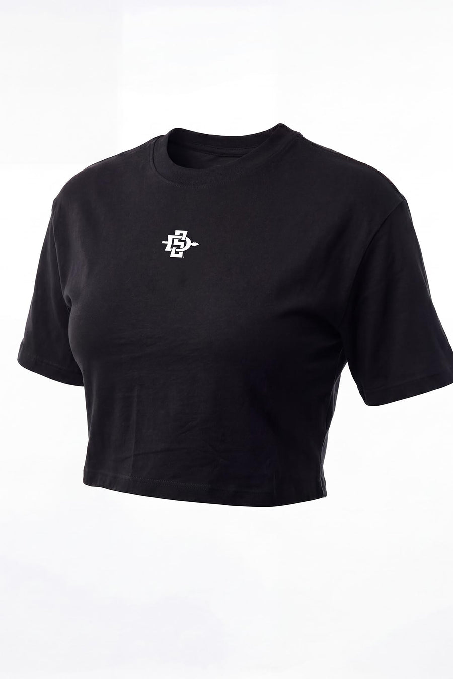 Black crop top with 'SDSU' logo on a white background