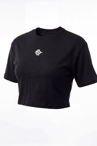 Black crop top with 'SDSU' logo on a white background