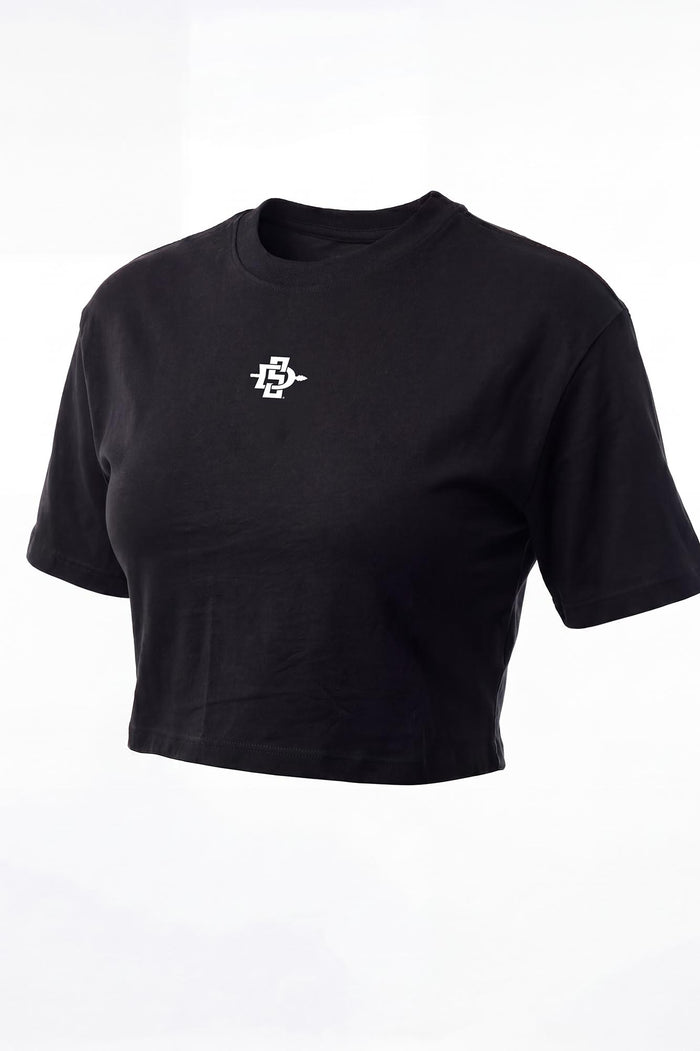Black crop top with 'SDSU' logo on a white background