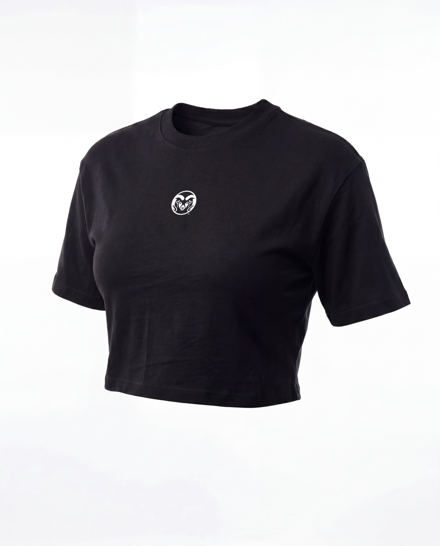A black short-sleeve crop top t-shirt with a small white circular logo on the left chest, displayed on a clean white background.