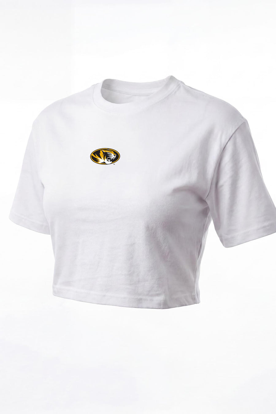 A white short-sleeve cropped t-shirt featuring a small embroidered Missouri Tigers logo on the left chest, displayed on a clean white background.