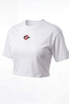 A white short-sleeve cropped t-shirt with a small red and black graphic logo on the left chest, displayed on a clean white background.