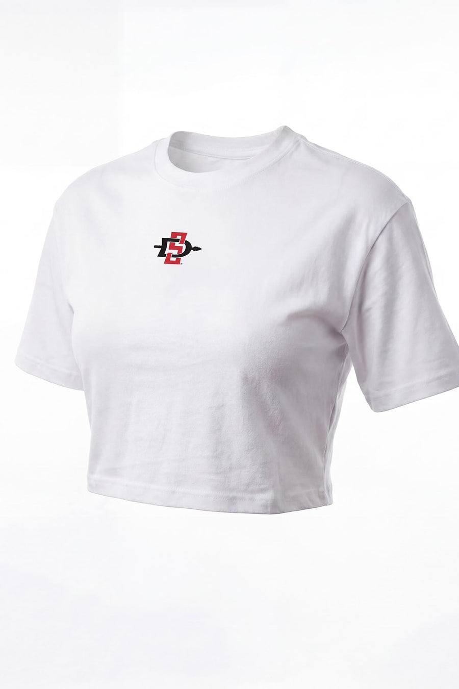 A white short-sleeve cropped t-shirt with a small red and black graphic logo on the left chest, displayed on a clean white background.