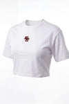 A white short-sleeve cropped t-shirt with a small red and black 'BC' logo on the left chest, displayed on a clean white background.