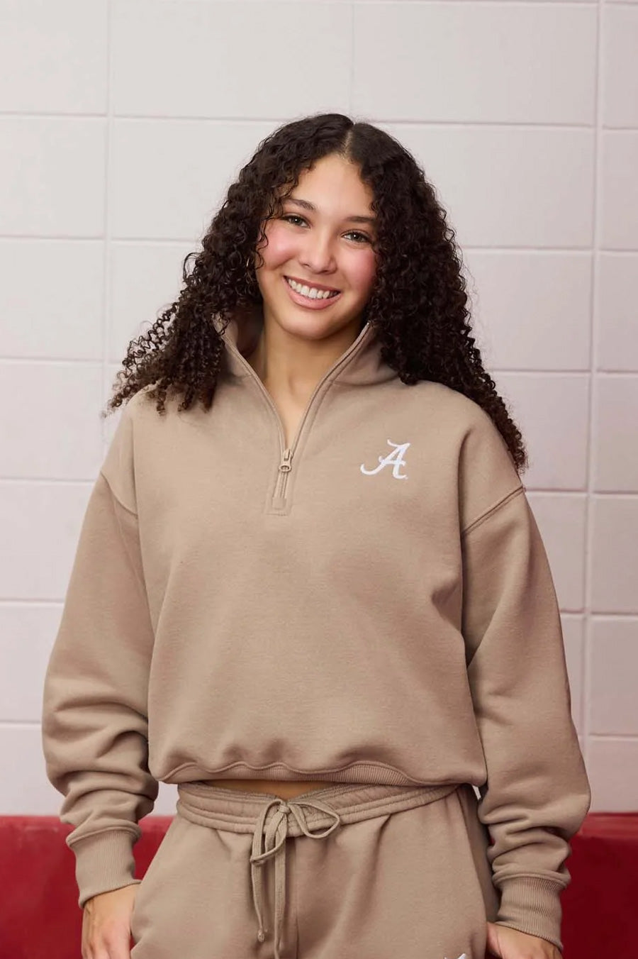 Logo Sueded Fleece Quarter Zip Sweatshirt in Desert Khaki