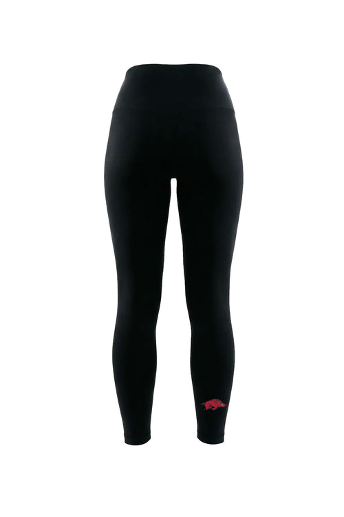 Black high-waisted leggings with a small red  logo on the lower left leg, shown on a plain white background.
