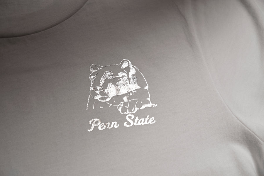 Close-up of a light gray or silver fabric surface with a white printed Penn State logo and text centered on it.