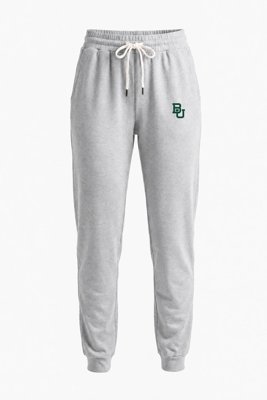 Light heather gray sweatpants with a white drawstring and a green 'BU' logo on the left thigh, shown against a plain white background.