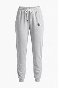 Light heather gray sweatpants with a white drawstring and a green 'BU' logo on the left thigh, shown against a plain white background.