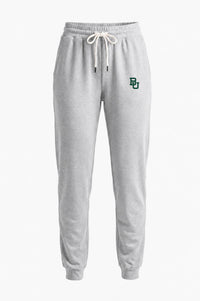 Light heather gray sweatpants with a white drawstring and a green 'BU' logo on the left thigh, shown against a plain white background.