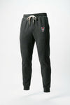 Dark charcoal gray heather sweatpants with a white drawstring and a small red  logo on the left hip, shown against a plain white background.