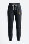 Black sweatpants with a logo on a light gray background
