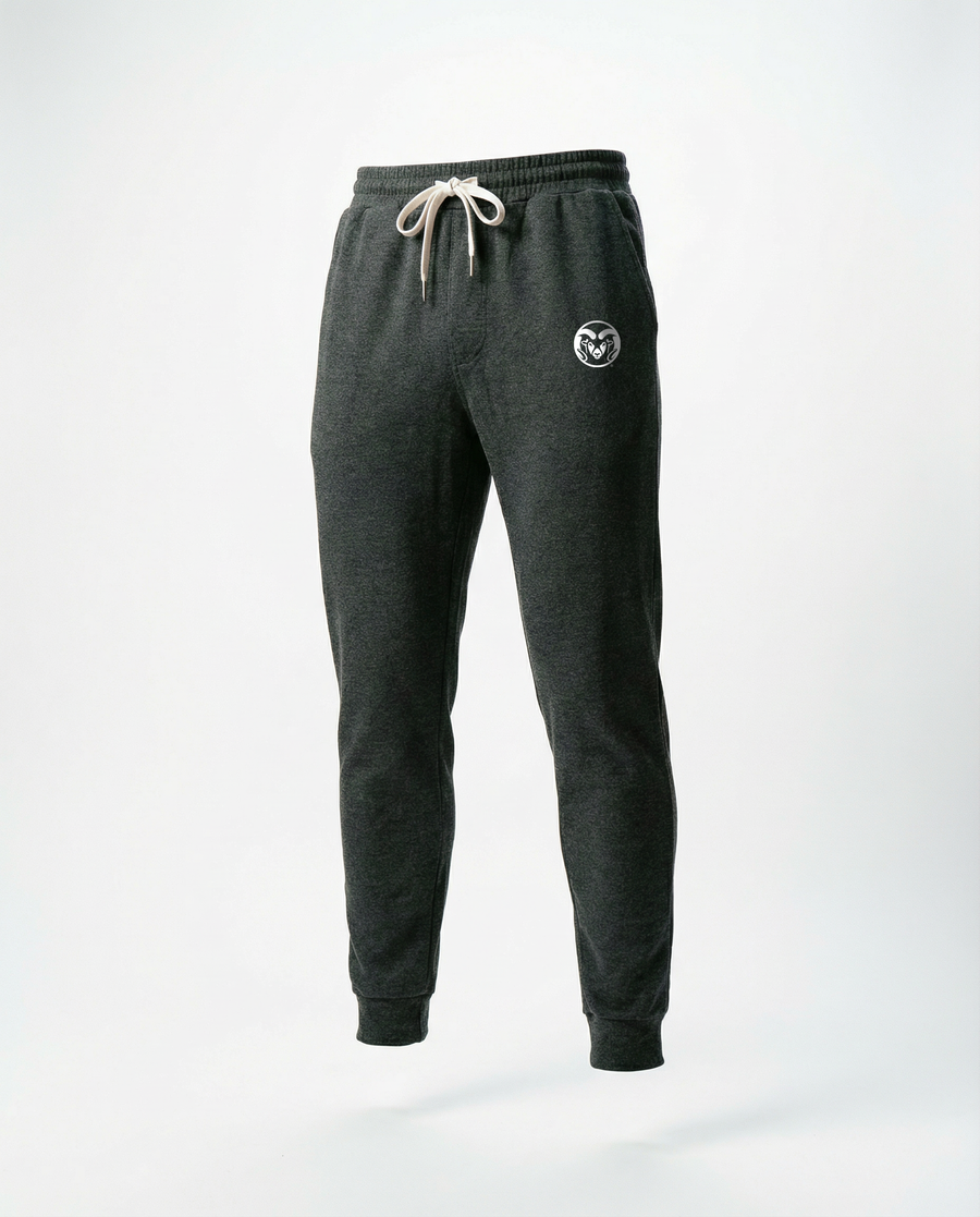 Dark charcoal gray heather sweatpants with a white drawstring and a small white circular logo on the left thigh, shown against a plain white studio background.