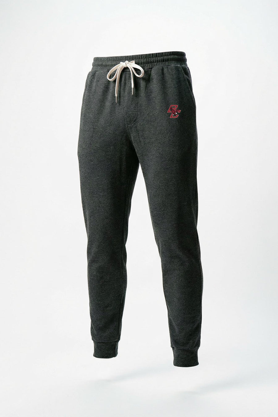 Dark charcoal gray heather sweatpants with a white drawstring and a small  logo on the left thigh, shown against a plain white background.