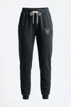 Black sweatpants with a white drawstring and a small  logo on the left hip, shown against a plain white background.
