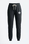 Black sweatpants with a white drawstring and a white embroidered logo on the left thigh, shown against a plain white background.