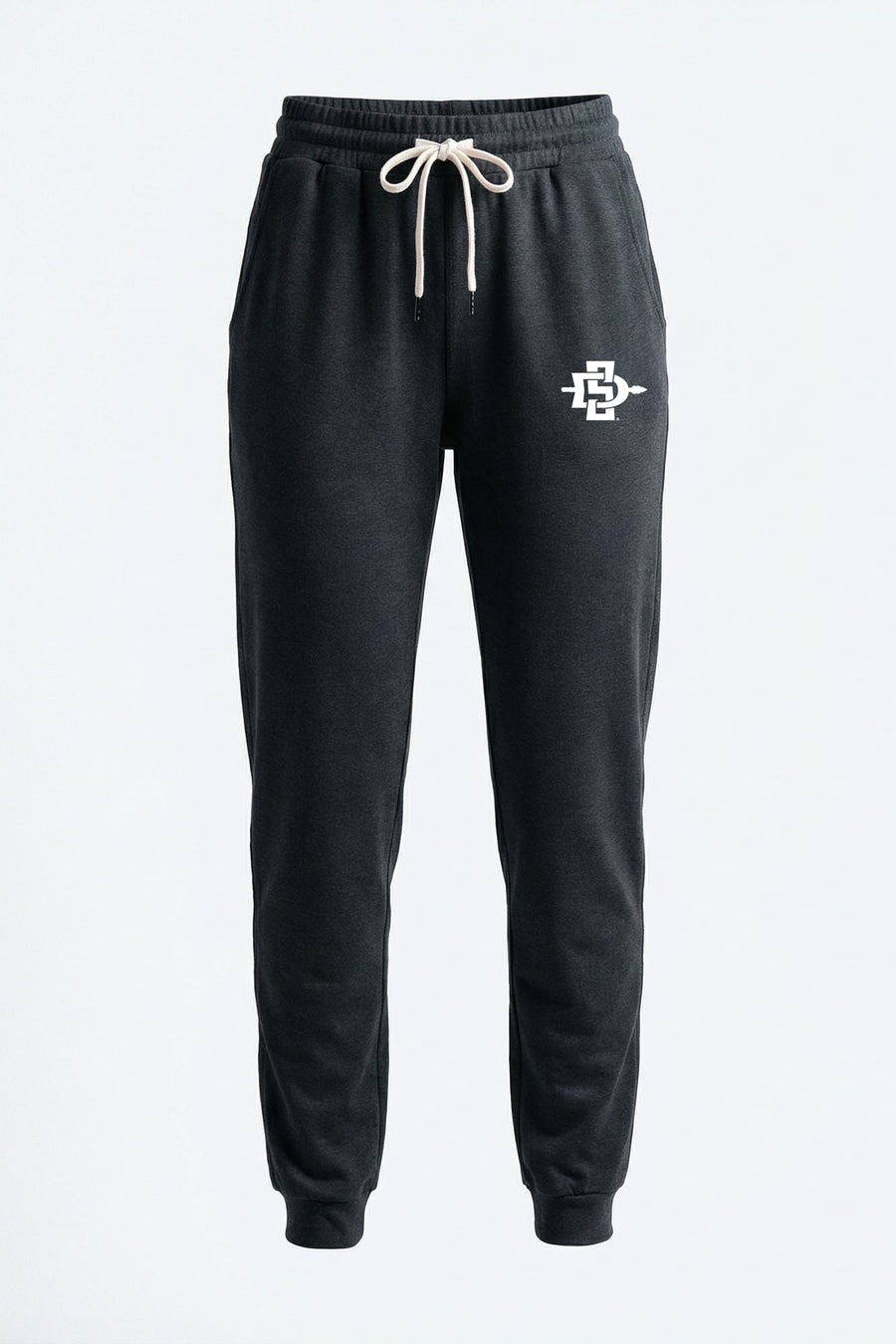 Black sweatpants with a white drawstring and a white embroidered logo on the left thigh, shown against a plain white background.