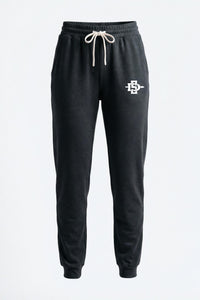 Black sweatpants with a white drawstring and a white embroidered logo on the left thigh, shown against a plain white background.