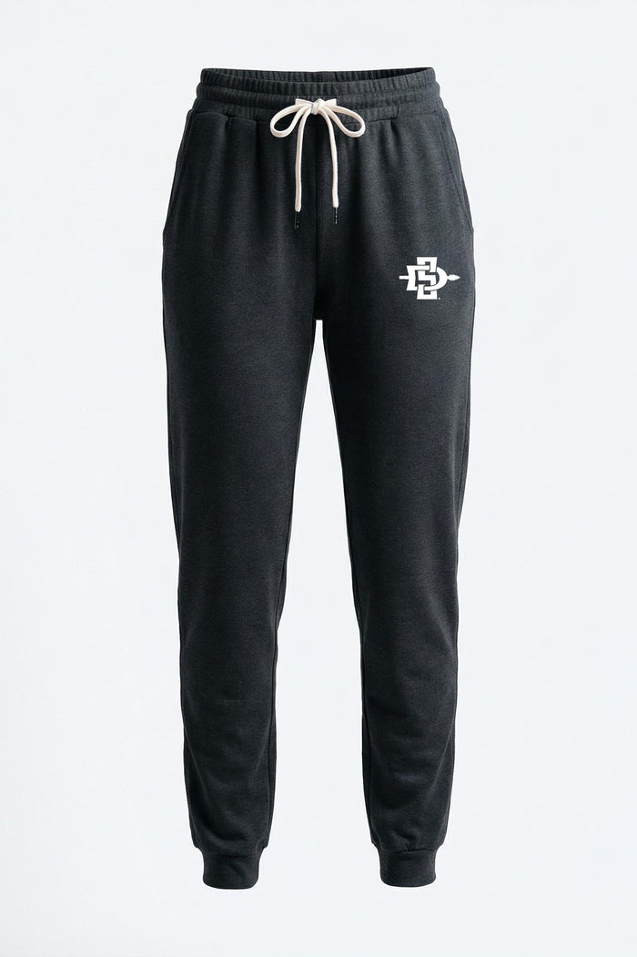 Black sweatpants with a white drawstring and a white embroidered logo on the left thigh, shown against a plain white background.