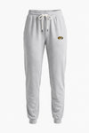 Light gray heather sweatpants with a white drawstring and a small logo on the left hip, shown against a plain white background.
