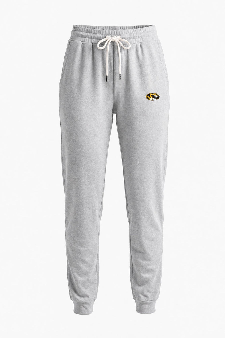 Light gray heather sweatpants with a white drawstring and a small logo on the left hip, shown against a plain white background.