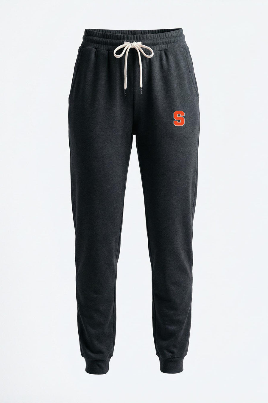 Black sweatpants with a logo on a light gray background