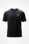 A black short-sleeve crewneck t-shirt with a  logo on the left chest, displayed on a clean white background.