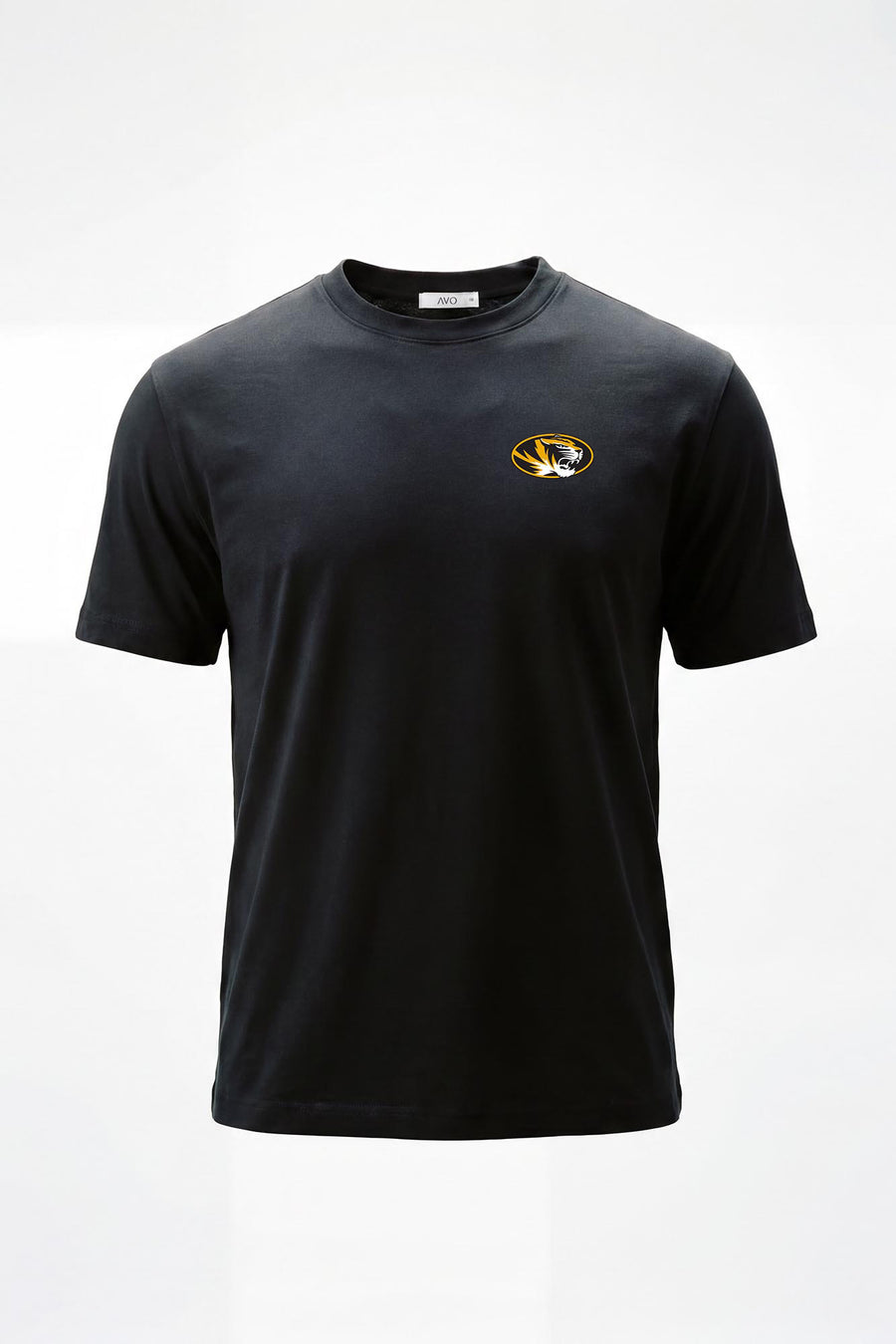 A black short-sleeve crewneck t-shirt with a  logo on the left chest, displayed on a clean white background.
