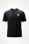 A black short-sleeve crewneck t-shirt with a small white geometric logo on the left chest, displayed on a clean white background.