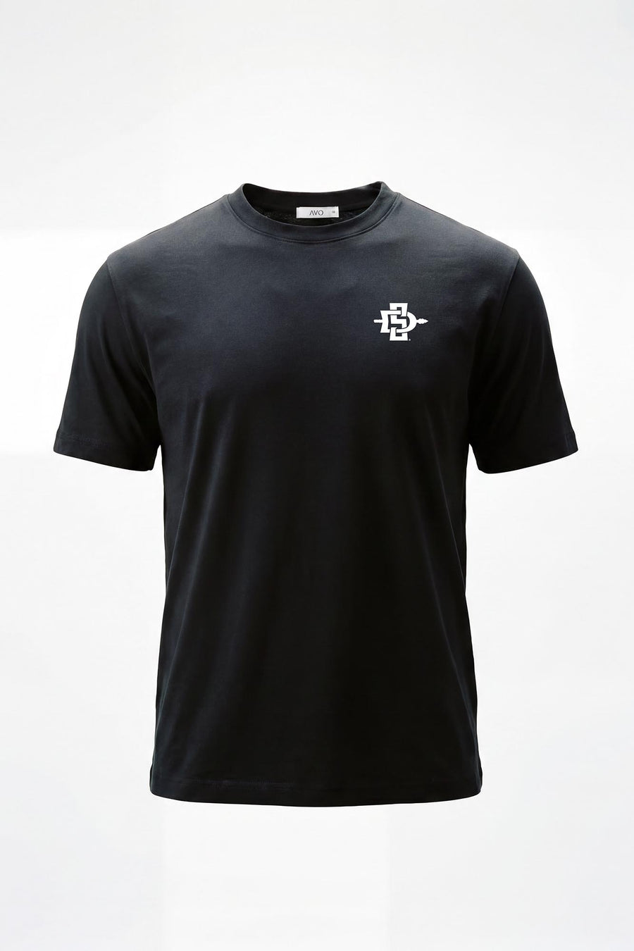 A black short-sleeve crewneck t-shirt with a small white geometric logo on the left chest, displayed on a clean white background.