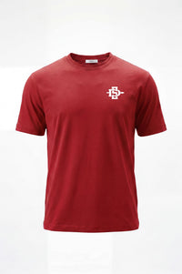 A red short-sleeve crewneck t-shirt with a small white cross logo containing the letters 'SDSU' on the left chest, displayed on a clean white background.