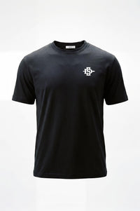A black short-sleeve crewneck t-shirt with a small white geometric logo on the left chest, displayed on a clean white background.