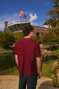 A man wearing a burgundy short-sleeve t-shirt and dark gray pants stands with his back to the camera, looking towards a stadium and pond in an outdoor setting.