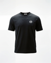 A black short-sleeve crewneck t-shirt with a small white circular logo on the left chest, displayed on a clean white background.