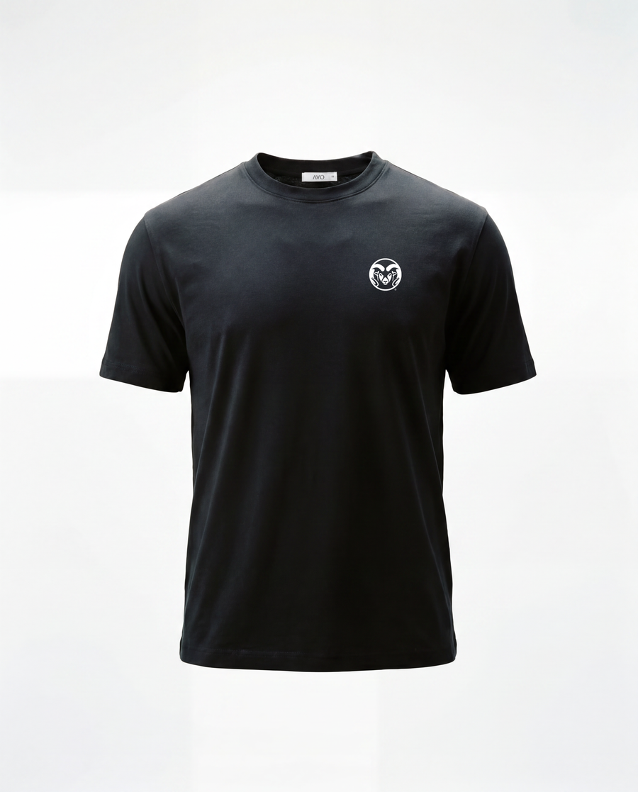 A black short-sleeve crewneck t-shirt with a small white circular logo on the left chest, displayed on a clean white background.