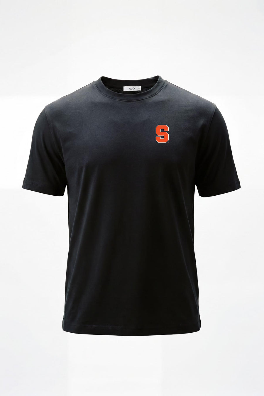 A black short-sleeve crewneck t-shirt featuring a small orange block letter 'S' on the left chest, displayed on a clean white background.