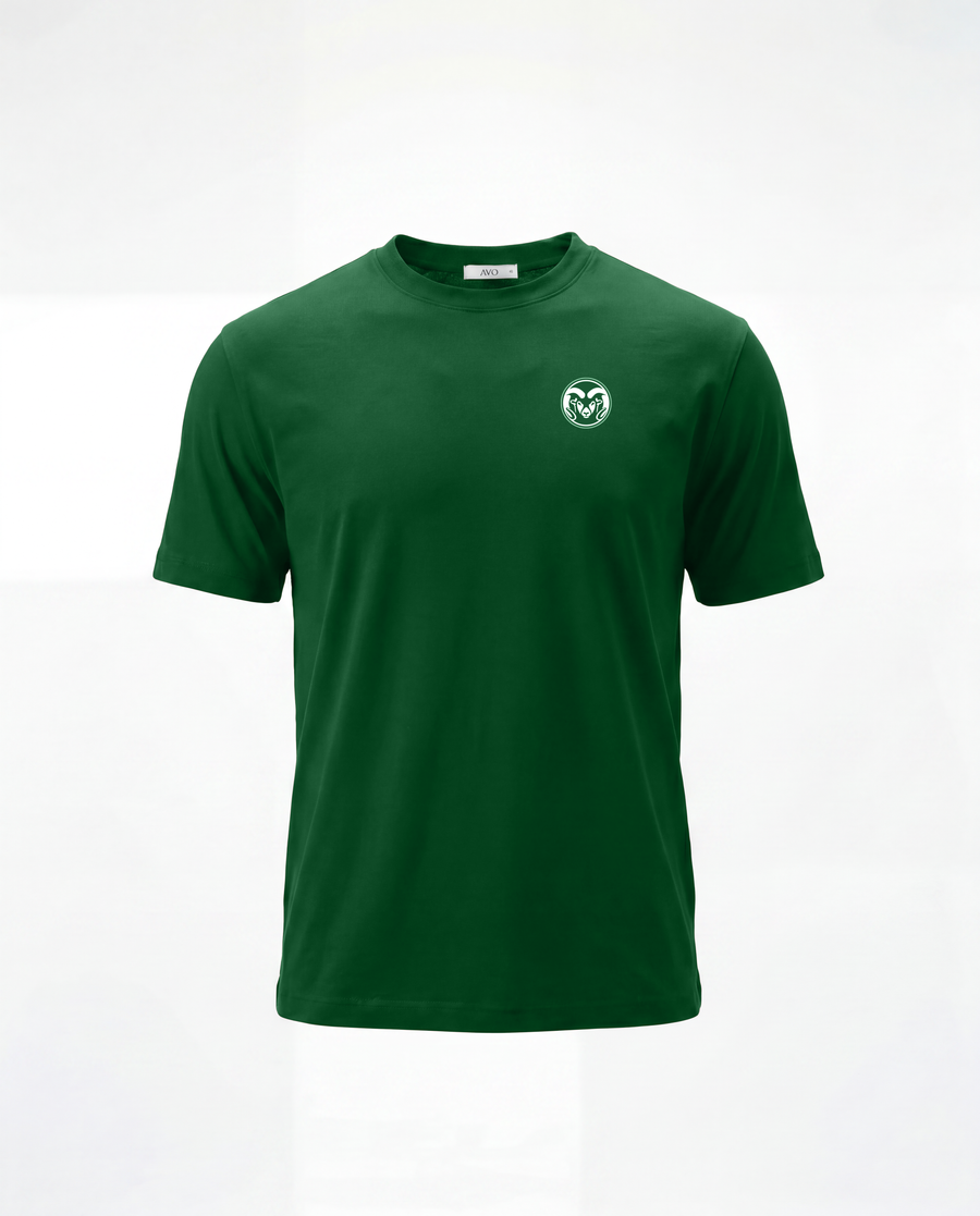 A dark green short-sleeve crewneck t-shirt with a small white circular logo on the left chest, displayed on a clean white background.