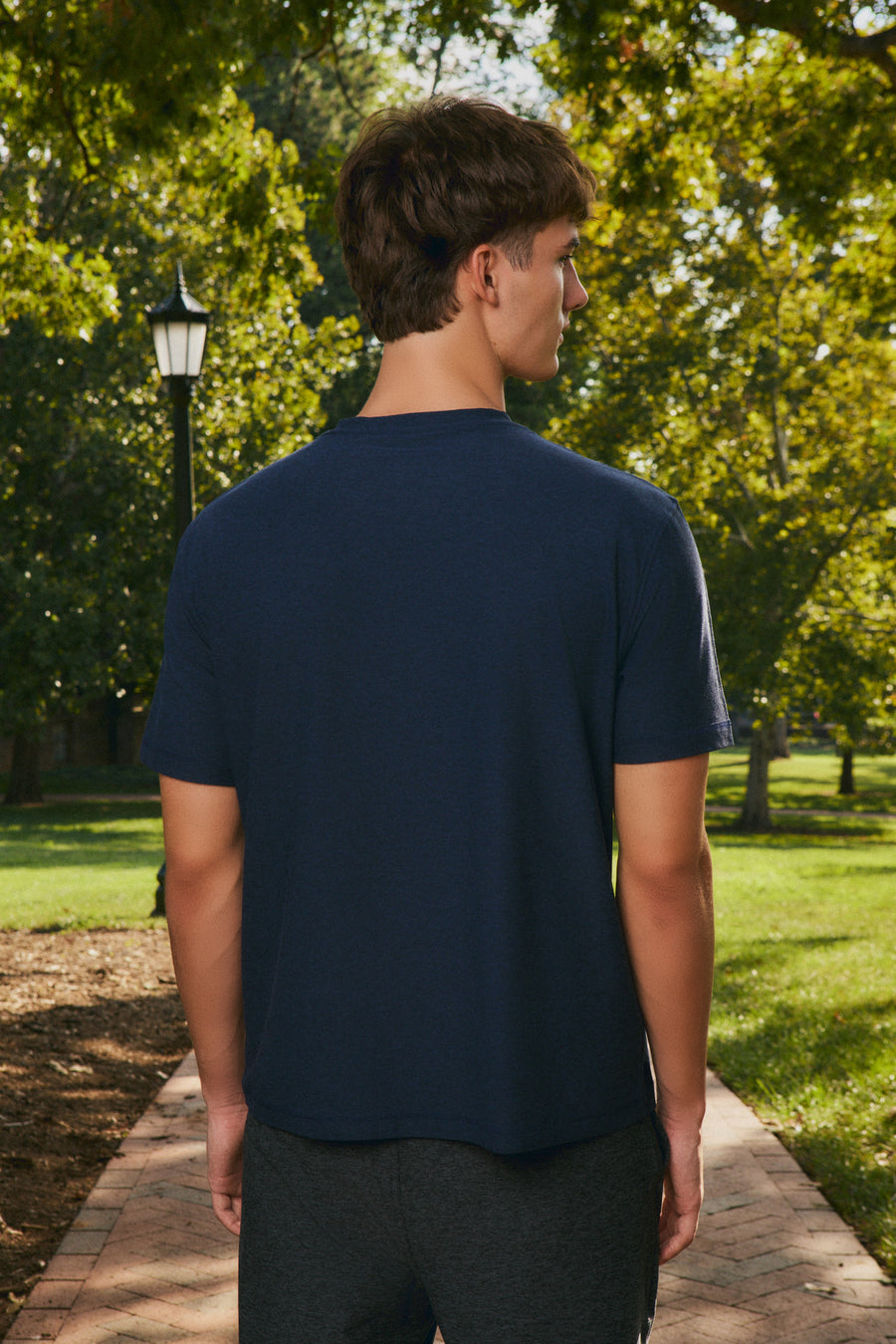A man viewed from behind wearing a dark navy blue crewneck t-shirt and dark gray athletic shorts, standing on a brick pathway in a sunny park with green trees.