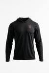 A black long-sleeve athletic hoodie with a small  logo on the left chest, displayed on a clean white background.