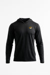 A black long-sleeve athletic hoodie with a small  logo on the left chest, displayed on a clean white background.