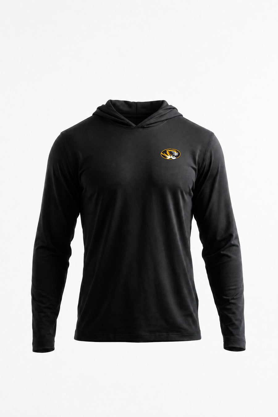 A black long-sleeve athletic hoodie with a small  logo on the left chest, displayed on a clean white background.