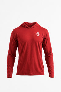 A red long-sleeve hooded athletic shirt with a white block letter 'SDSU' logo on the left chest, displayed on a clean white background.