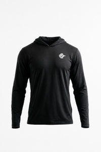 A black long-sleeve athletic hoodie with a small orange and white 'SDSU' logo on the left chest, displayed on a clean white background.