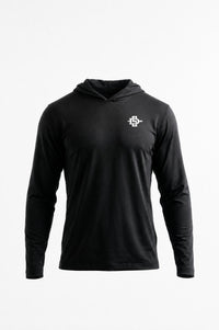 A black long-sleeve athletic hoodie with a small orange and white 'SDSU' logo on the left chest, displayed on a clean white background.